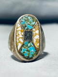 Illustrious Vintage Native American Navajo Turquoise Chip Inlay Sterling Silver Huge Ring-Nativo Arts