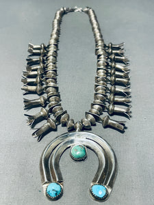 Early Century Vintage Native American Navajo Turquoise Sterling Silver Squash Blssom Necklace-Nativo Arts