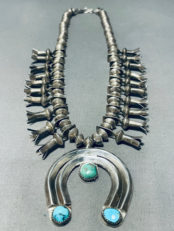 Early Century Vintage Native American Navajo Turquoise Sterling Silver Squash Blssom Necklace-Nativo Arts