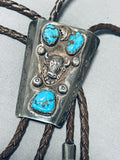 Phenomenal Vintage Native American Navajo 3 Morenci Turquoise Sterling Silver Buffalo Bolo-Nativo Arts
