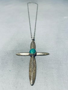 Superb Vintage Native American Navajo Carico Lake Turquoise Sterling Silver Cross Necklace-Nativo Arts