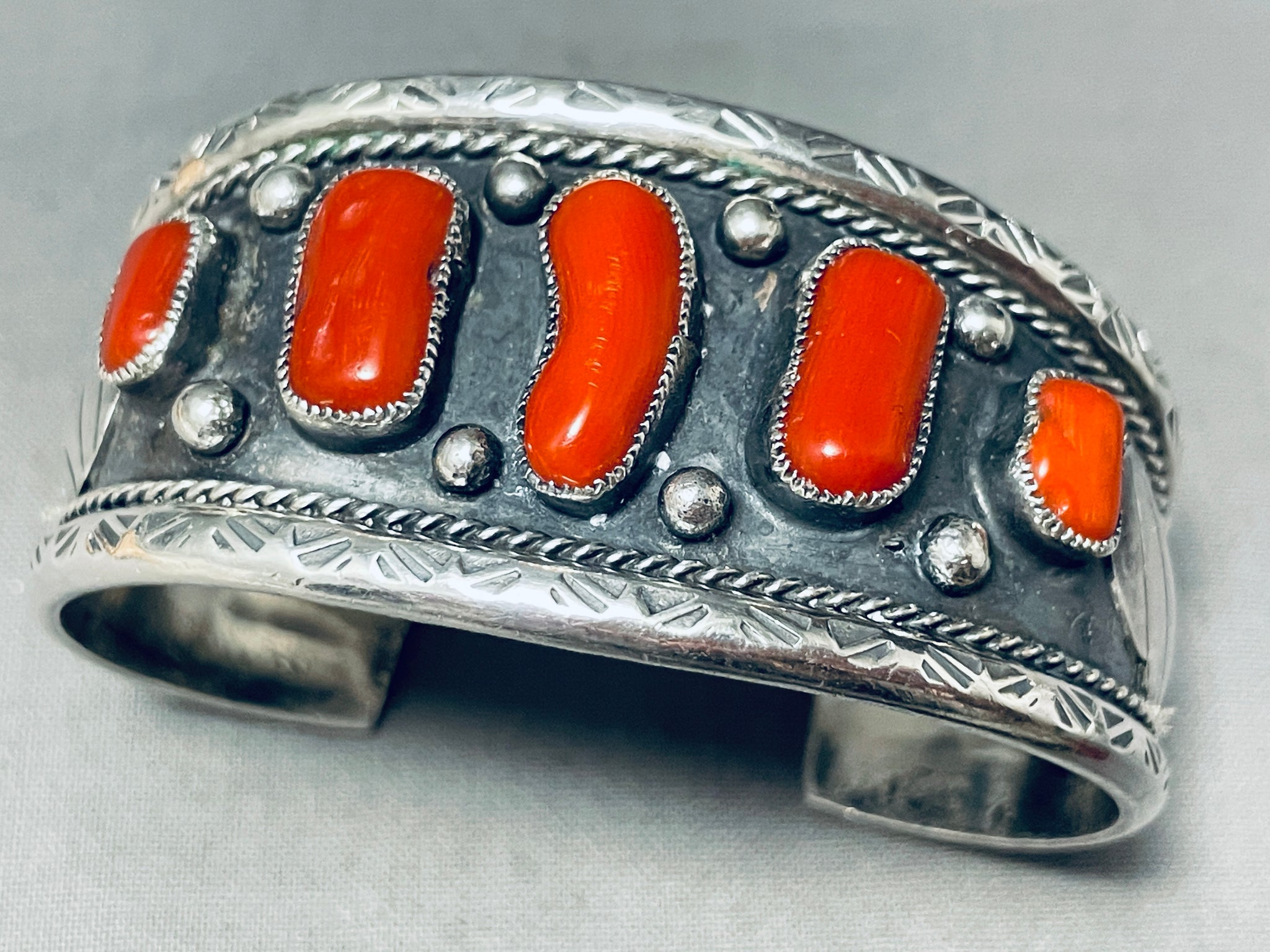 Gasp! Vintage Native American Navajo Coral Chunk Sterling Silver Brace ...