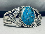 Eagles At Sides! Rare Turquoise Vintage Native American Navajo Gilbert Sterling Silver Bracelet-Nativo Arts