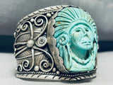 Gasp! 145 Gram Hand Carved Chief Navajo Turquoise Sterling Silver Bracelet-Nativo Arts