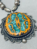 Walnut Wood Inlay!!! Vintage Native American Navajo Turquoise Sterling Silver Necklace Old-Nativo Arts