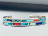 6.5 Inch Wrist Vintage Native American Zuni Turquoise Inlay Sterling Silver Bracelet-Nativo Arts