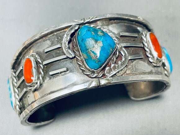 Heavy Vintage Cool Hallamrk Native American Navajo Turquoise Coral Sterling Silver Bracelet-Nativo Arts