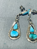 Tremendous Vintage Native American Zuni Blue Gem Turquoise Sterling Silver Signed Earrings-Nativo Arts