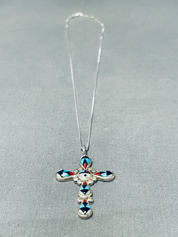 Authentic Vintage Native American Zuni Turquoise Coral Sunface Sterling Silver Cross Necklace-Nativo Arts