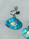 Native American Interesting Vintage Santo Domingo Turquoise Inlay Sterling Silver Shell Earrings-Nativo Arts