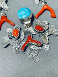 Amazing Native American Navajo Coral & Turquoise Sterling Silver Pendant And Earrings Set-Nativo Arts