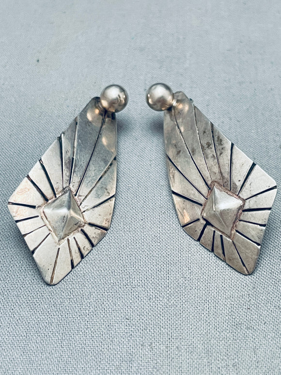 Detailed Hand Tooled Vintage Native American Navajo Sterling Silver Earrings-Nativo Arts