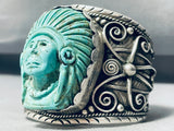 Gasp! 145 Gram Hand Carved Chief Navajo Turquoise Sterling Silver Bracelet-Nativo Arts