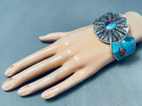 Heavy 105 Grams Vintage Native American Navajo Turquoise Inlay Sterling Silver Bracelet-Nativo Arts