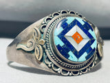 One Of Most Unique 7 Inch Wrist Vintage Navajo Inlay Sterling Silver Bracelet-Nativo Arts