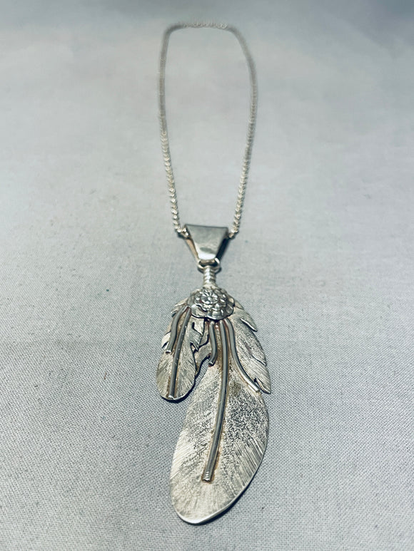 Sam Kee Vintage Native American Navajo Feather Sterling Silver Necklace!-Nativo Arts