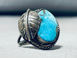 Irresistable Vintage Native American Navajo Blue Gem Turquoise Sterling Silver Leaf Ring-Nativo Arts