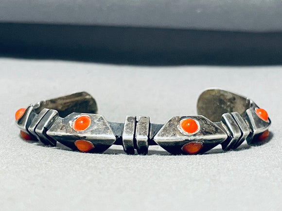 Extraordinary Vintage Native American Navajo Coral Sterling Silver Signed Bracelet-Nativo Arts