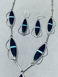 Inlaid Jet Turquoise Vintage Native American Navajo Sterling Silver Pendant Necklace Set