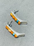 Captivating Vintage Native American Navajo Blue Gem Turquoise Spiny Oyster Inlay Silver Earrings-Nativo Arts