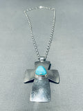 Impressive Native American Navajo Blue Gem Turquoise Sterling Silver Signed Cross Necklace-Nativo Arts
