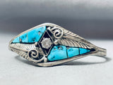 Huge Faux Diamond Vintage Native American Navajo Turquoise Sterling Silver Inlay Bracelet
