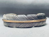 Hand Stamped Intricate Feather Vintage Native American Navajo Sterling Silver Bracelet-Nativo Arts