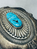 Ornamental Vintage Native American Navajo #8 Turquoise Mine Sterling Silver Belt Buckle-Nativo Arts