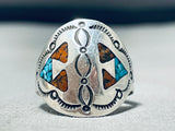 Huge Vintage Navajo Signed Turquoise Coral Chip Inlay Silver Ring-Nativo Arts