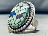 One Of Best Vintage Native American Green Turquoise Inlay Sterling Silver Ring-Nativo Arts