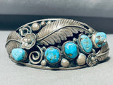 Superb Vintage Native American Navajo 5 Morenci Turquoise Sterling Silver Leaves Bracelet-Nativo Arts
