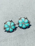Cute Vintage Native American Zuni Blue Gem Turquoise Sterling Silver Flower Earrings-Nativo Arts