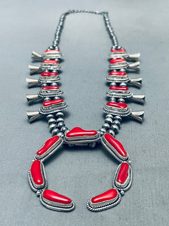 Gorgy Native American Navajo Chunky Coral Sterling Silver Squash Blossom Necklace-Nativo Arts