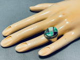 Dynamic Vintage Native American Zuni Damale Turquoise Jet Sterling Silver Ring-Nativo Arts