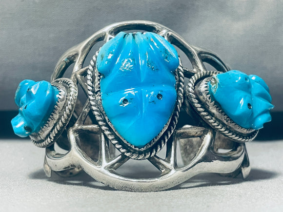 Turquoise Toads!! Vintage Native American Navajo Sterling Silver Bracelet Old-Nativo Arts