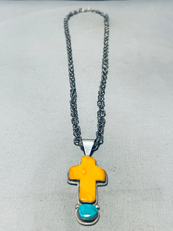 Important Linkin Family Vintage Native American Navajo Turquoise Cross Sterling Silver Necklace-Nativo Arts