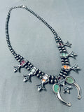Native American Womens Green Turquoise Vintage Sterling Silver Squash Blossom Necklace