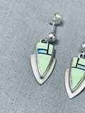 Extremely Detailed Vintage Native American Navajo Gaspeite Opal Sterling Silver Earrings-Nativo Arts