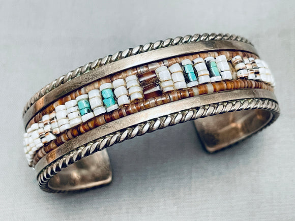 Rare Hand Beaded Vintage Native American Navajo Turquoise Sterling Silver Inlay Bracelet-Nativo Arts
