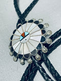 Superb Vintage Native American Zuni Inlay Turquoise Mother Of Pearl Sterling Silver Sunface Bolo-Nativo Arts