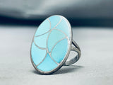 Native American Superior Vintage Zuni Blue Gem Turquoise Inlay Sterling Silver Large Ring-Nativo Arts