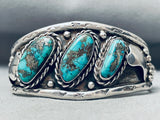 Rare Slanted Morenci Turquoise Vintage Native American Navajo Sterling Silver Bracelet-Nativo Arts