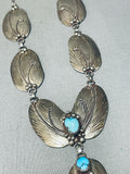 Signed And Detailed Vintage Native American Navajo Turquoise Sterling Silver Leaf Necklace-Nativo Arts