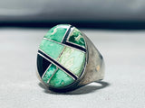 Dynamic Vintage Native American Zuni Damale Turquoise Jet Sterling Silver Ring-Nativo Arts