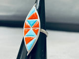 Dazzling Vintage Native American Zuni Blue Gem Turquoise Coral Inlay Sterling Silver Ring-Nativo Arts