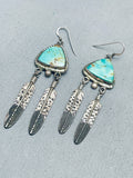 Sturdy Dangling Vintage Native American Navajo Turquoise Sterling Silver Feather Earrings-Nativo Arts