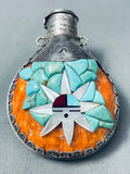 Huge Heavy Vintage Native American Navajo Turquoise Inlaid Sterling Silver Flask Pendant-Nativo Arts