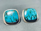 Striking Native American Navajo Pilot Mountain Turquoise Sterling Silver Earrings Signed-Nativo Arts