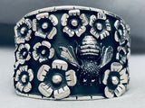 Bees And Flowers Massive Vintage Sterling Silver Bracelet Cuff-Nativo Arts