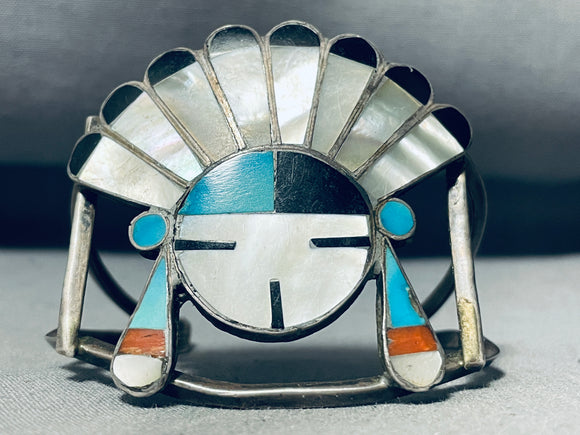 Colossal Chief Head Vintage Native American Zuni Inlay Sterling Silver Bracelet-Nativo Arts